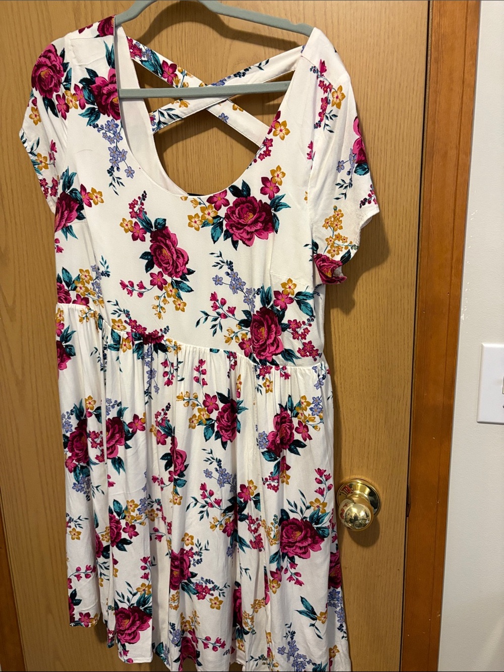 torrid Cream Dress with Pink Rose & Teal Leaf Floral Print